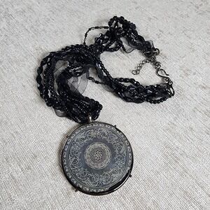 Abalone Etched Pendant Necklace Beaded Ribbon Choker 14" Boho Dark Romantic